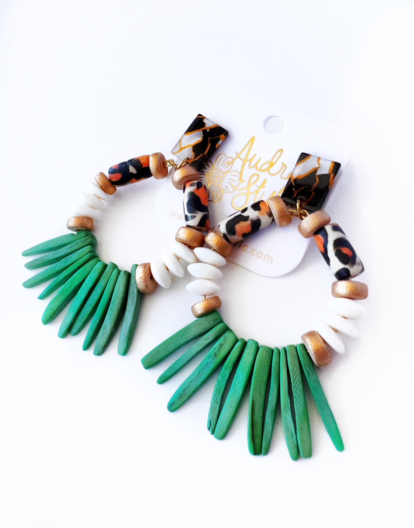 Heidi - Leopard Green Coconut Spike Fringe Pattern Statement Earring