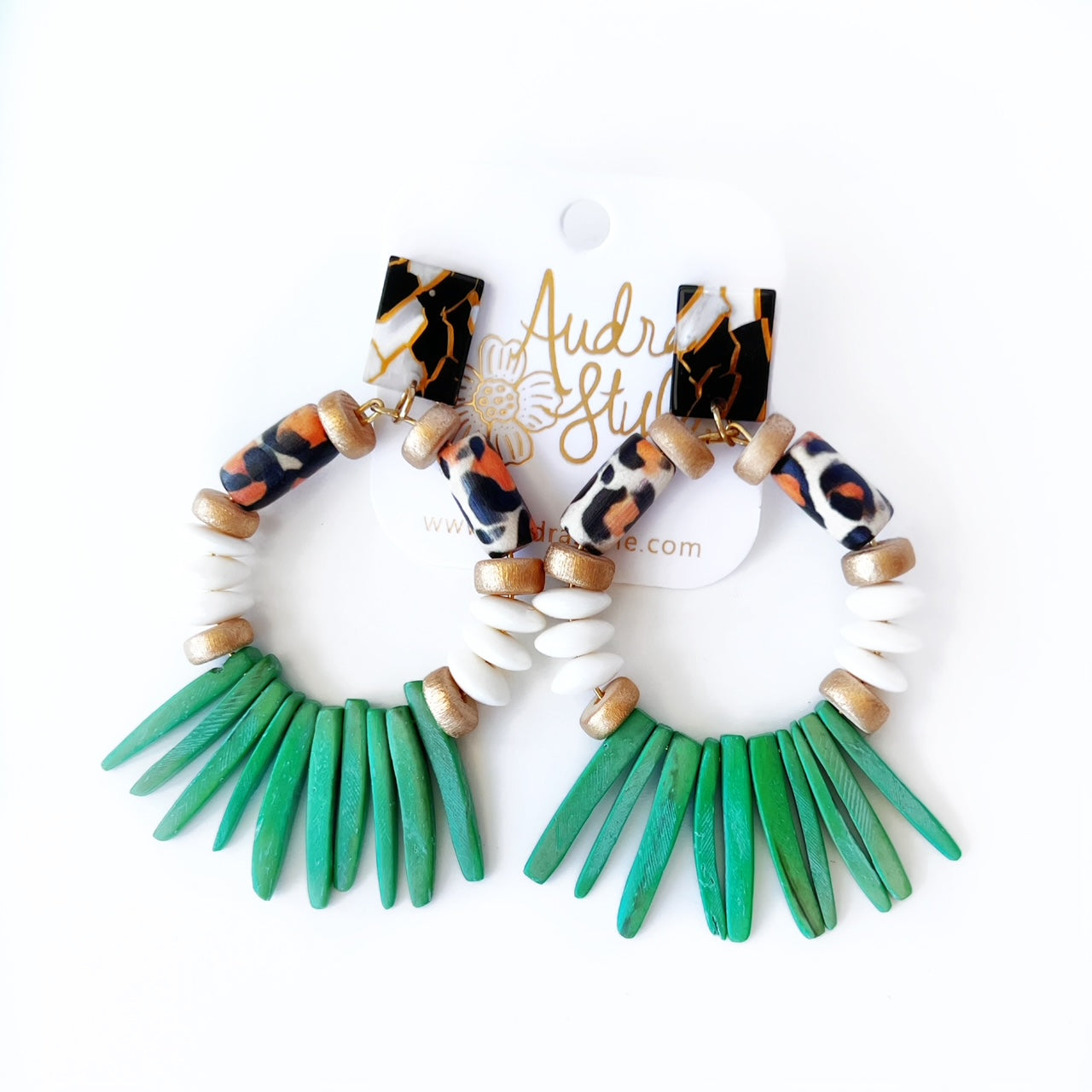 Heidi - Leopard Green Coconut Spike Fringe Pattern Statement Earring