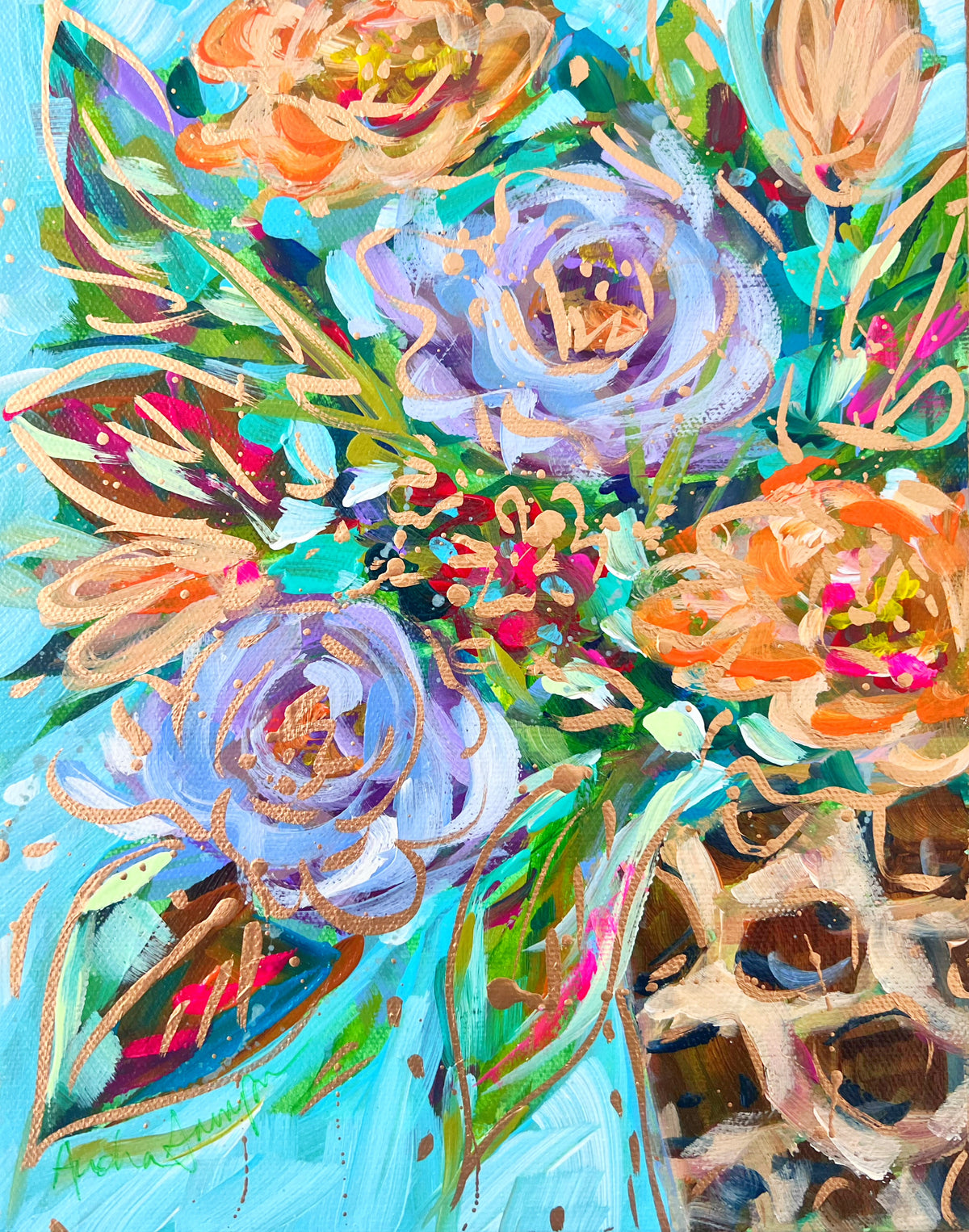 Purple and Orange Bouquet Leopard Vase 8x10" Original Painting on Canv