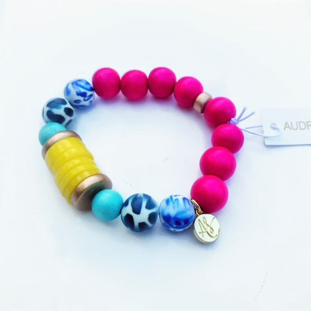 Fuchsia Black White Blue Yellow Disk Beaded Stacking Bracelet