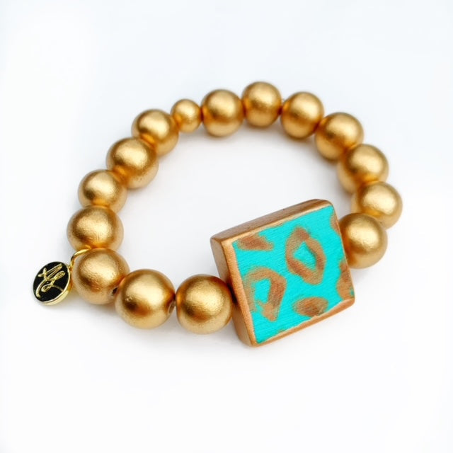 Turquoise Caramel Leopard Matte Gold Beaded Stacking Bracelet
