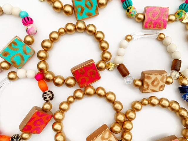 Mango Caramel Leopard Matte Gold Beaded Stacking Bracelet