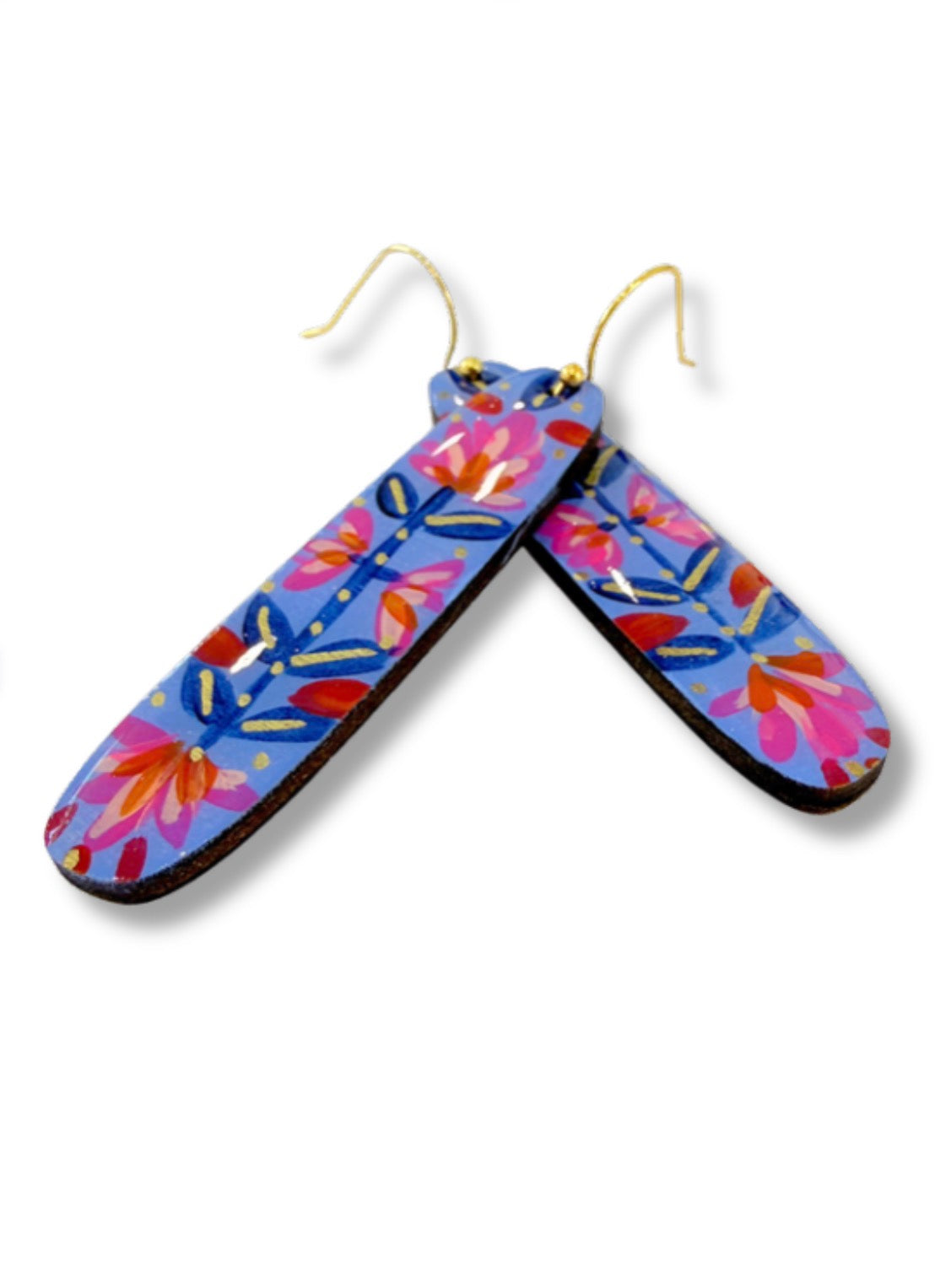 Periwinkle Floral Panel Hook Earrings — Hand Painted Wood — One of a Kind