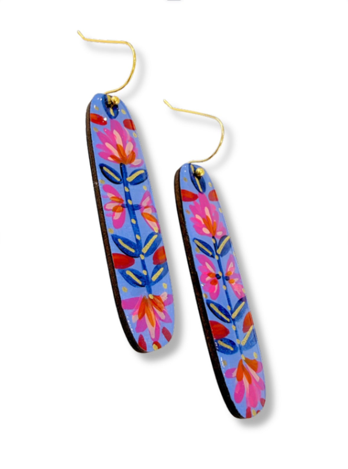 Periwinkle Floral Panel Hook Earrings — Hand Painted Wood — One of a Kind