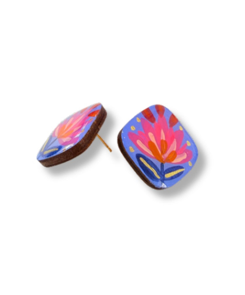 Midnight Bloom Stud Earrings — Hand Painted Wood — One of a Kind