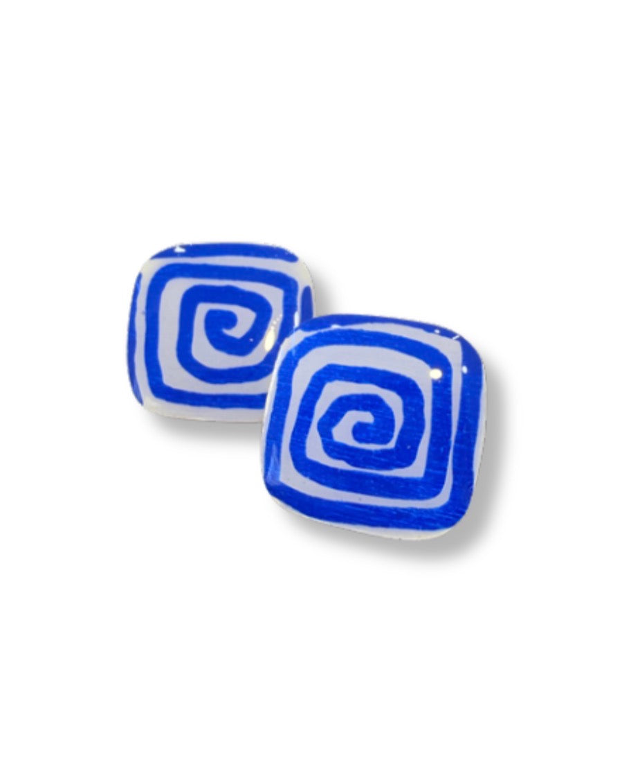 Blue Spiral Square Stud Earrings — Hand Painted Wood — One of a Kind