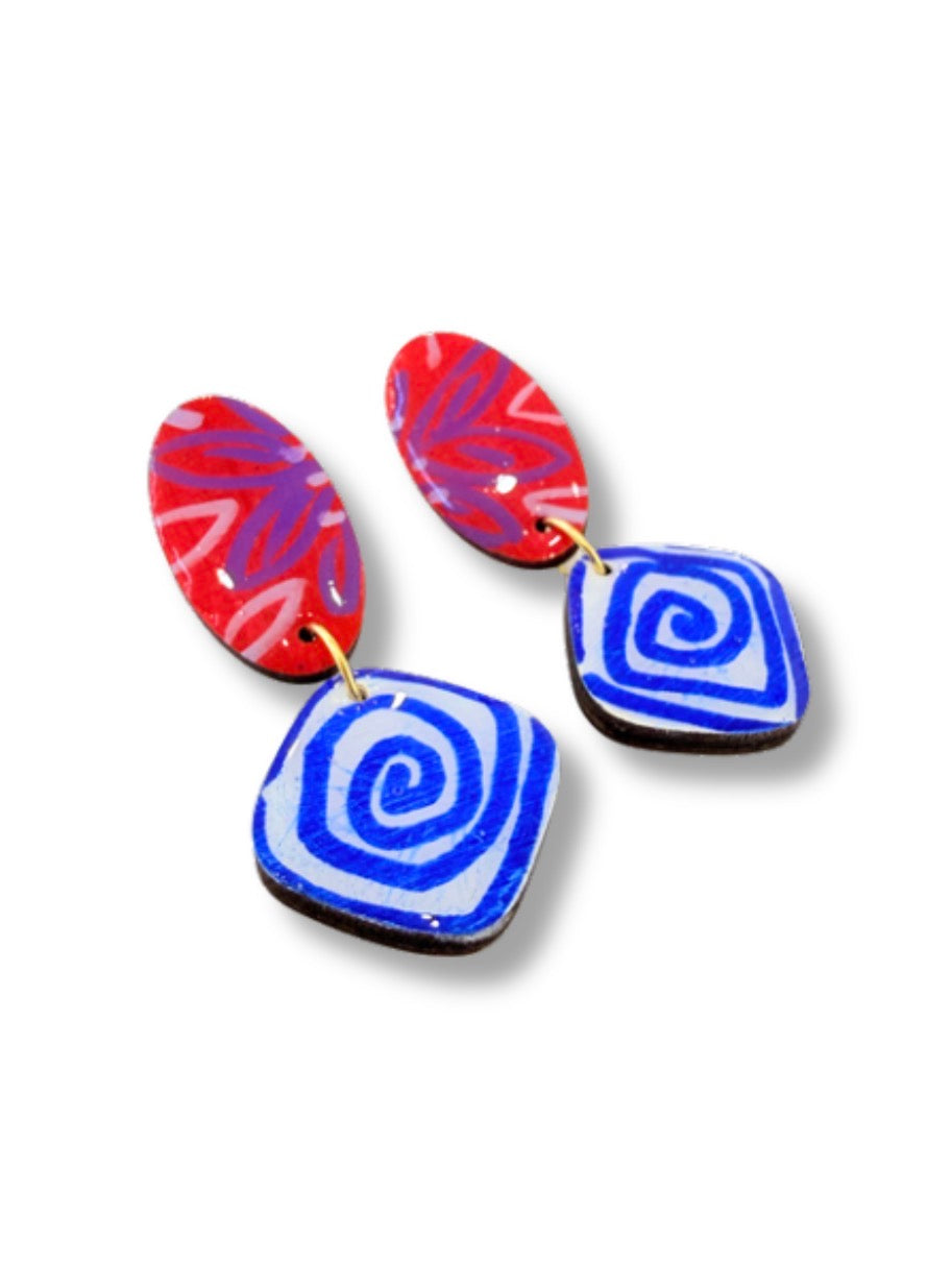 Red and Blue Double Drop Hook Earrings — Hand Painted Wood — One of a Kind