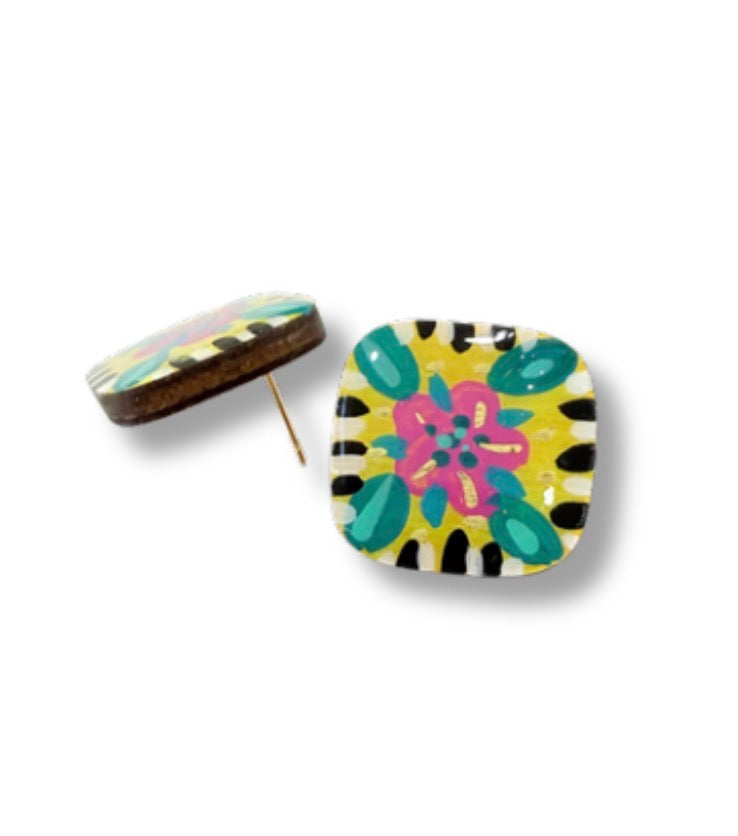 Yellow Mandala Stud Earrings — Hand Painted Wood — One of a Kind