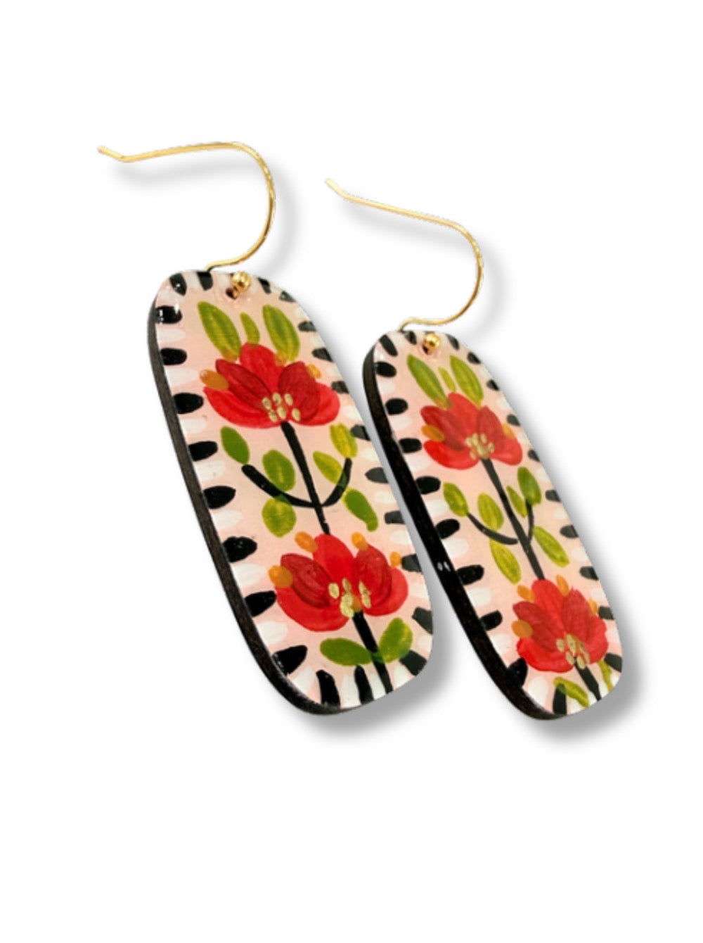 Red Flower Garden Hook Earrings — Hand Painted Wood — One of a Kind