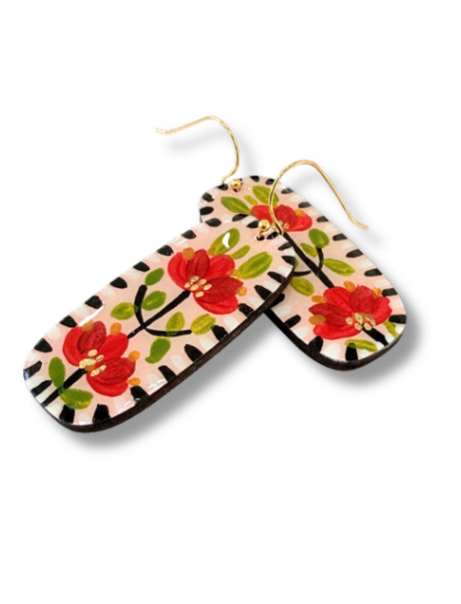 Red Flower Garden Hook Earrings — Hand Painted Wood — One of a Kind