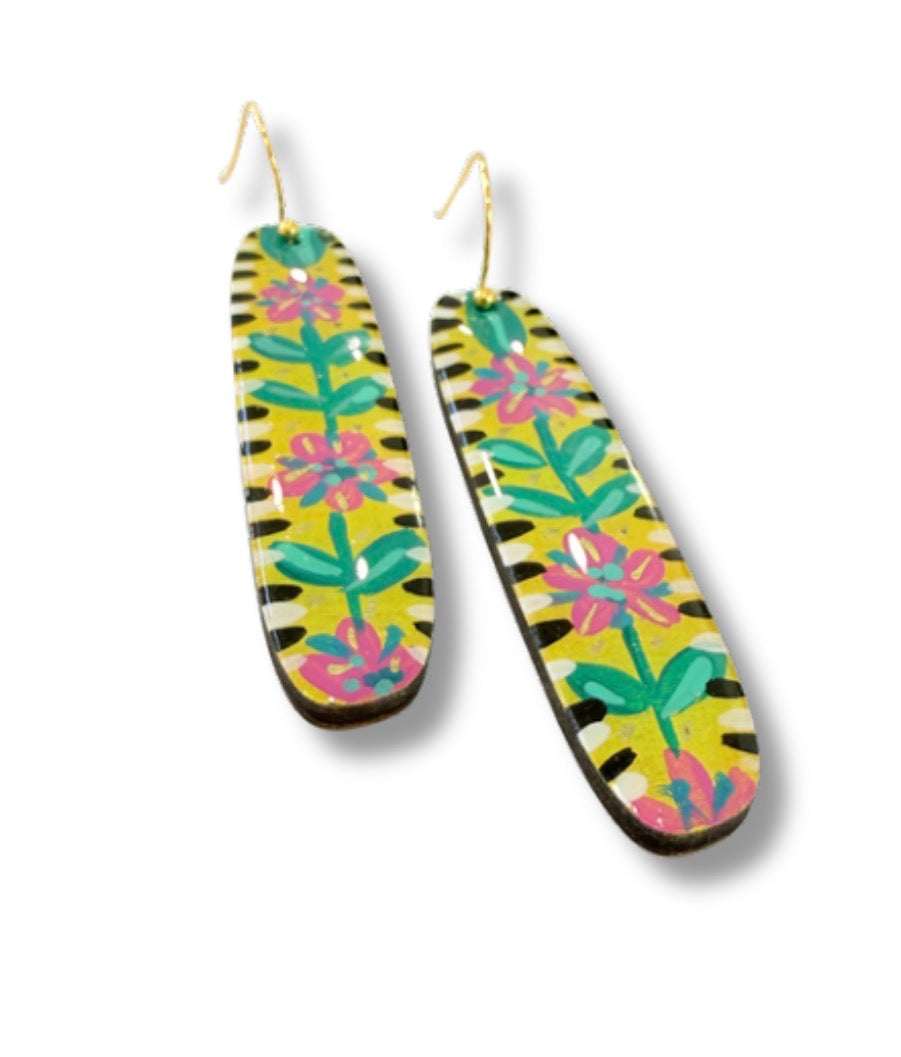 Yellow Garden Stripe Hook Earrings — Hand Painted Wood — One of a Kind