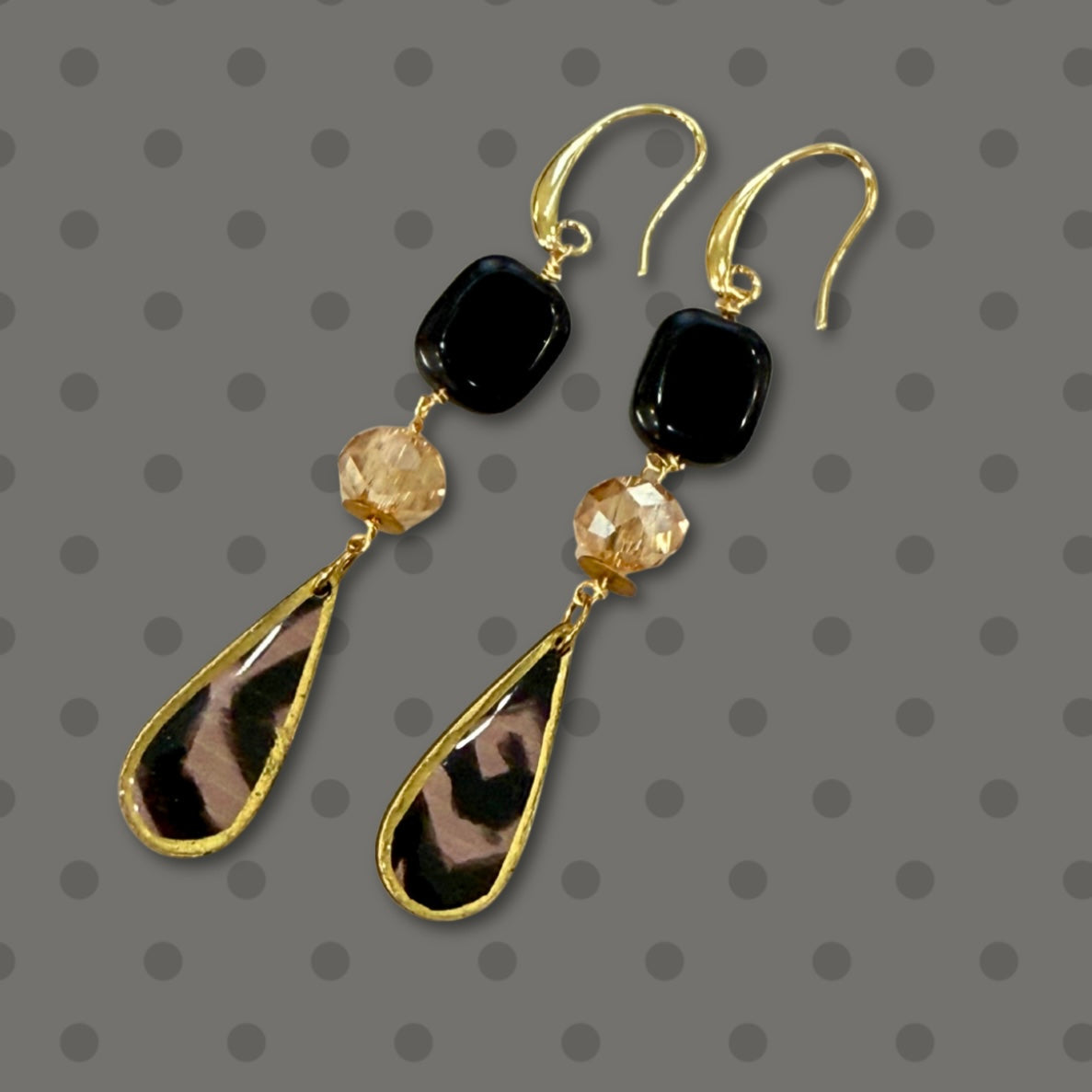 One-of-a-Kind - Black and Taupe Long Dangle Earrings - Glass, Crystal Drops