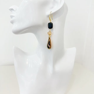 One-of-a-Kind - Black and Taupe Long Dangle Earrings - Glass, Crystal Drops