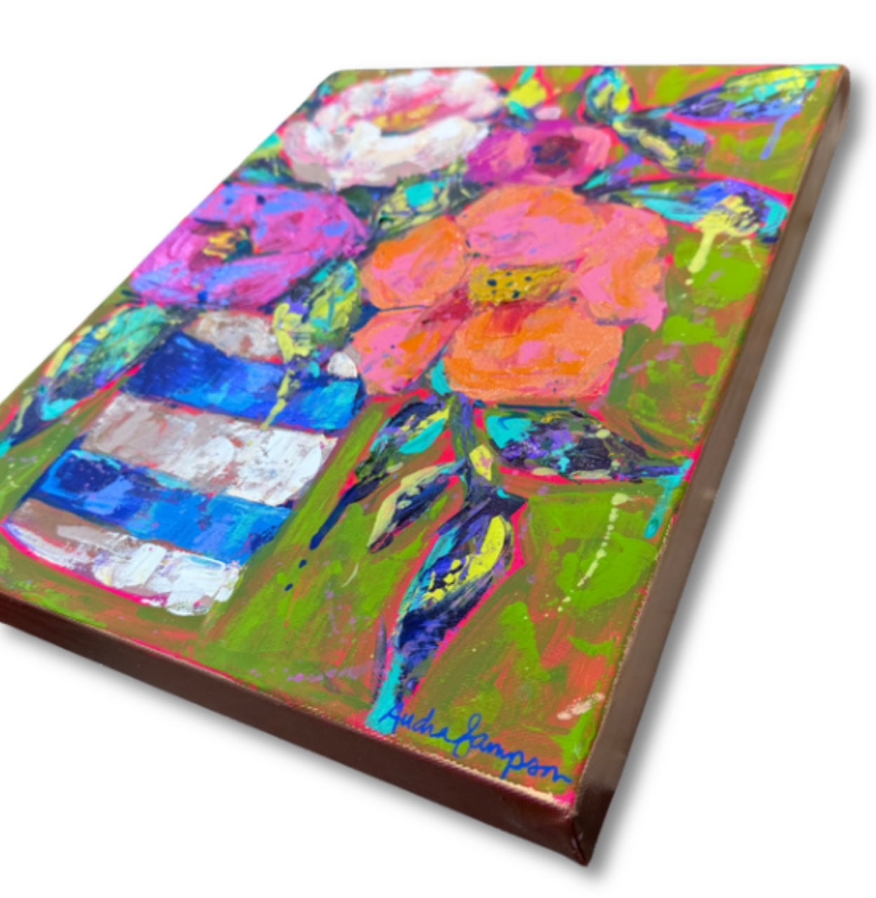 "Blue Stripe Vase Floral" Original 11x14" Painting on Gallery Wrapped Canvas