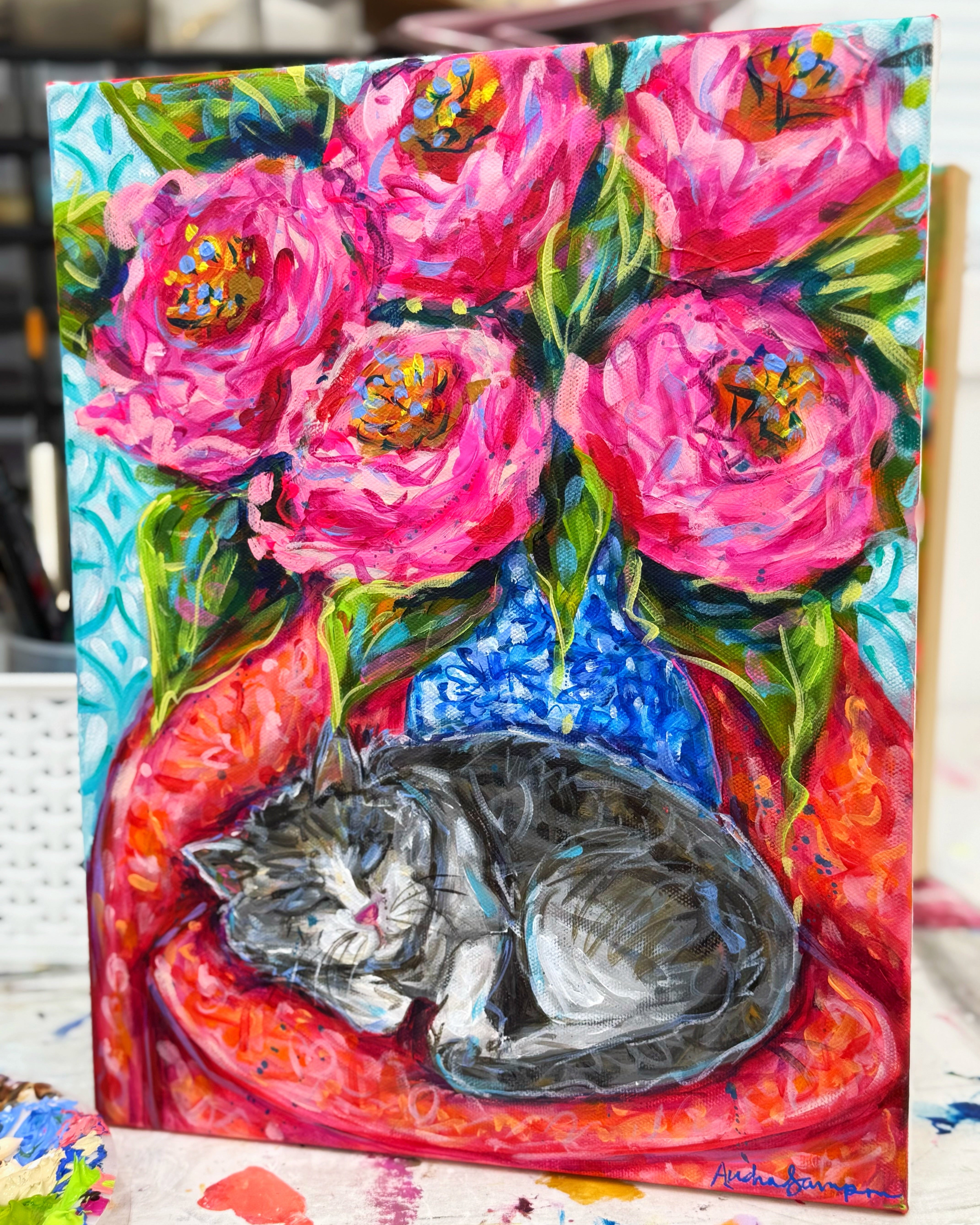 Sleepy Cat Roses Floral Bouquet Original 11x14" Painting on Gallery Wrapped Canvas