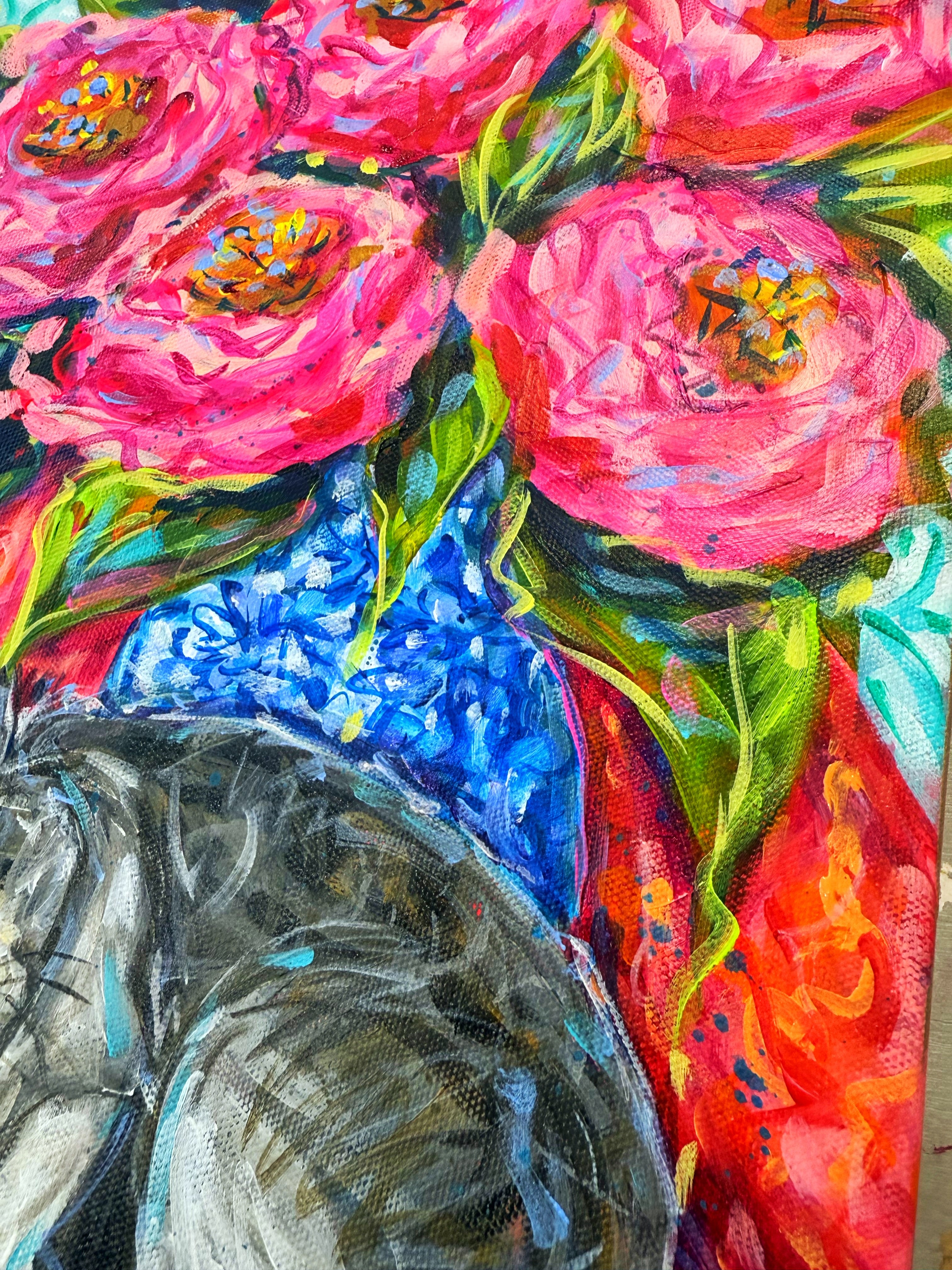 Sleepy Cat Roses Floral Bouquet Original 11x14" Painting on Gallery Wrapped Canvas