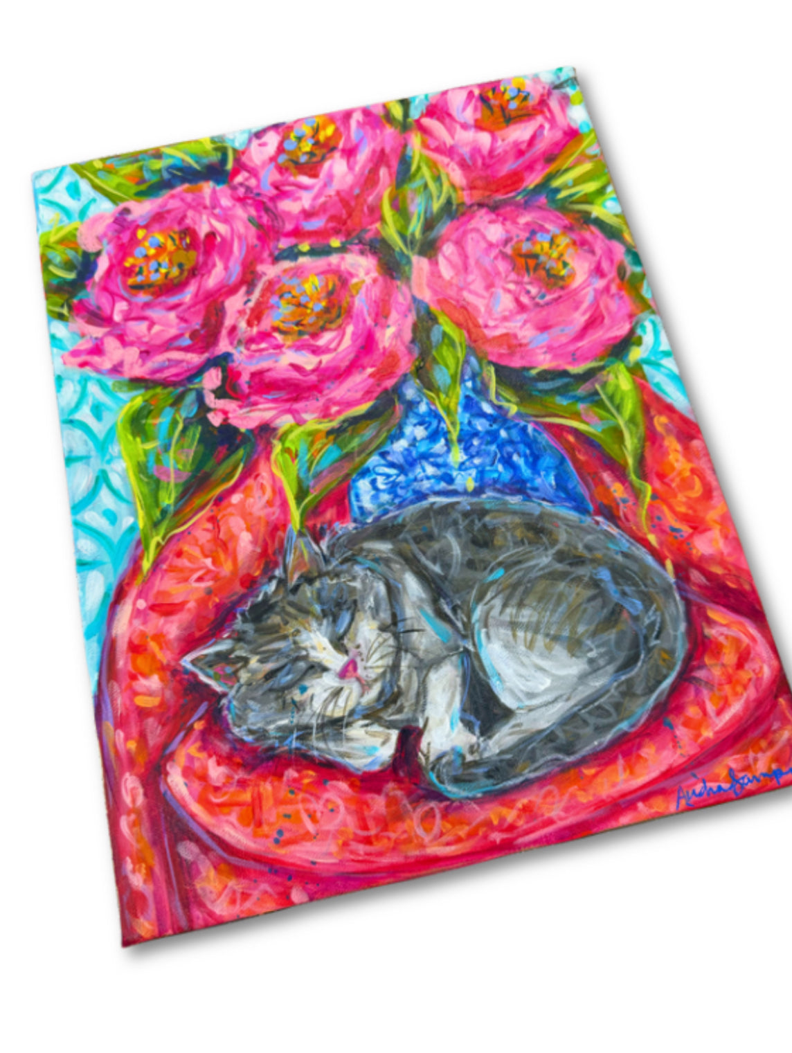 Sleepy Cat Roses Floral Bouquet Original 11x14" Painting on Gallery Wrapped Canvas