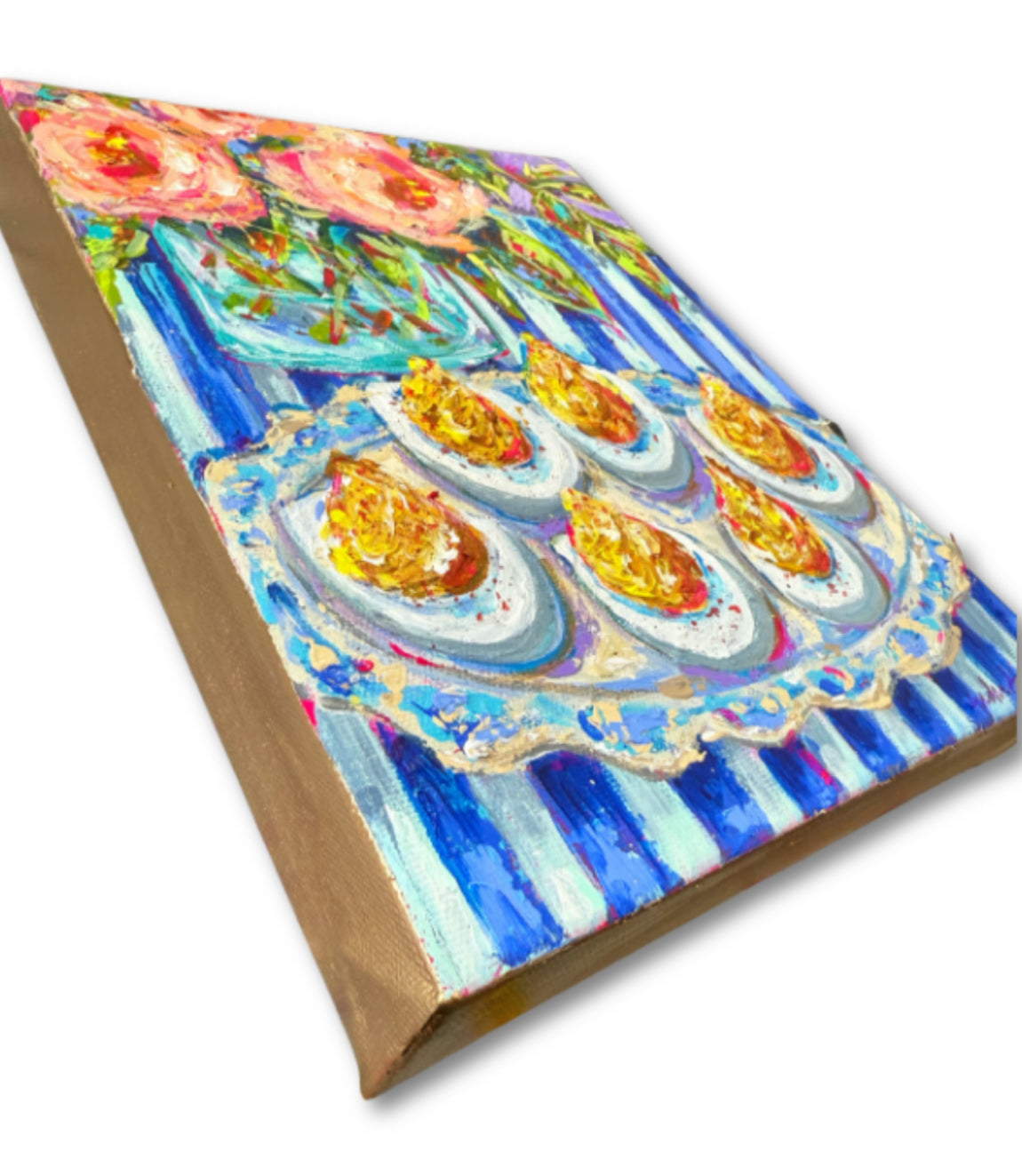 "Half Dozen" Devilled Eggs and Floral Bouquet Original 8x10" Painting on Gallery Wrapped Canvas