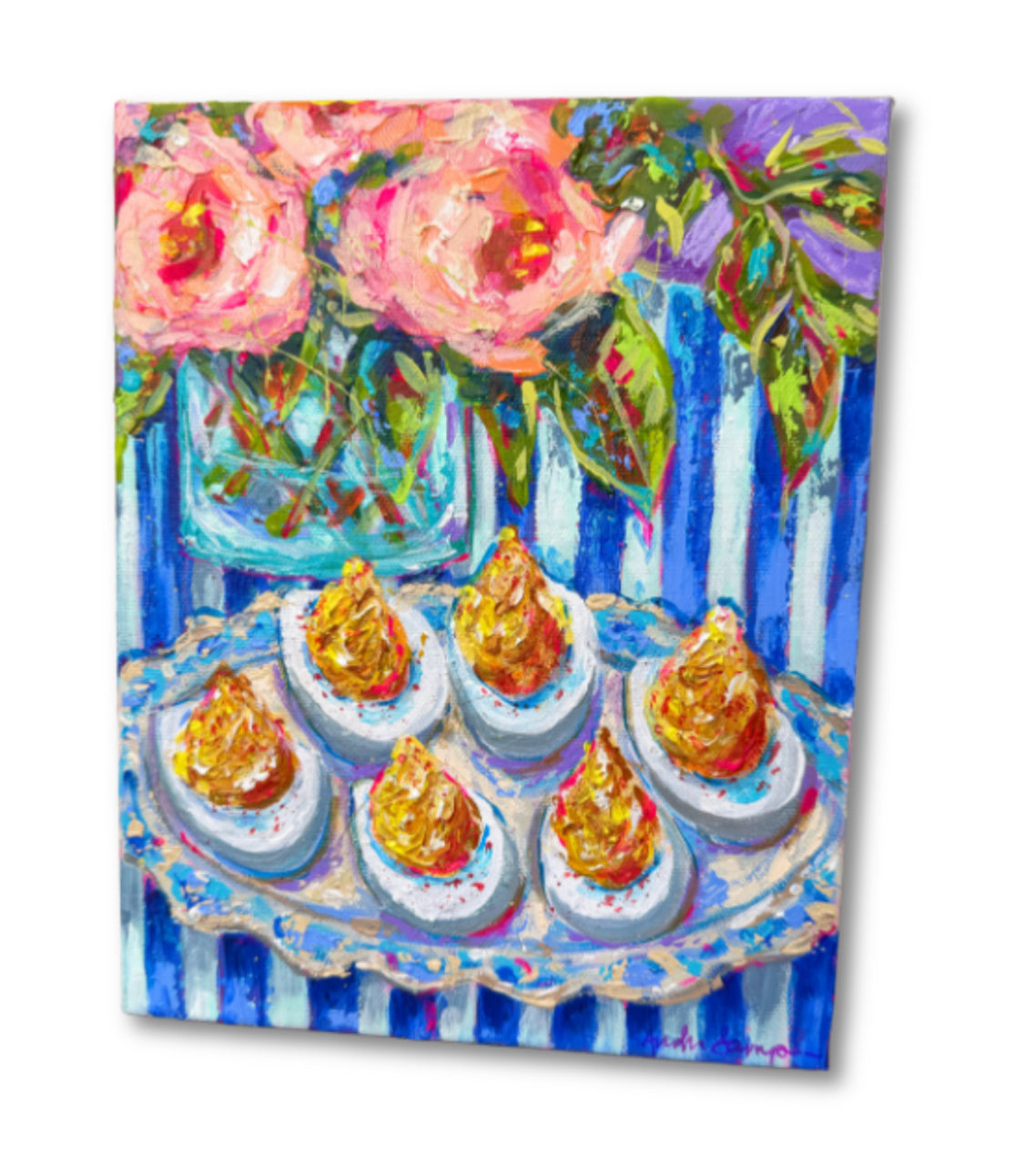 "Half Dozen" Devilled Eggs and Floral Bouquet Original 8x10" Painting on Gallery Wrapped Canvas