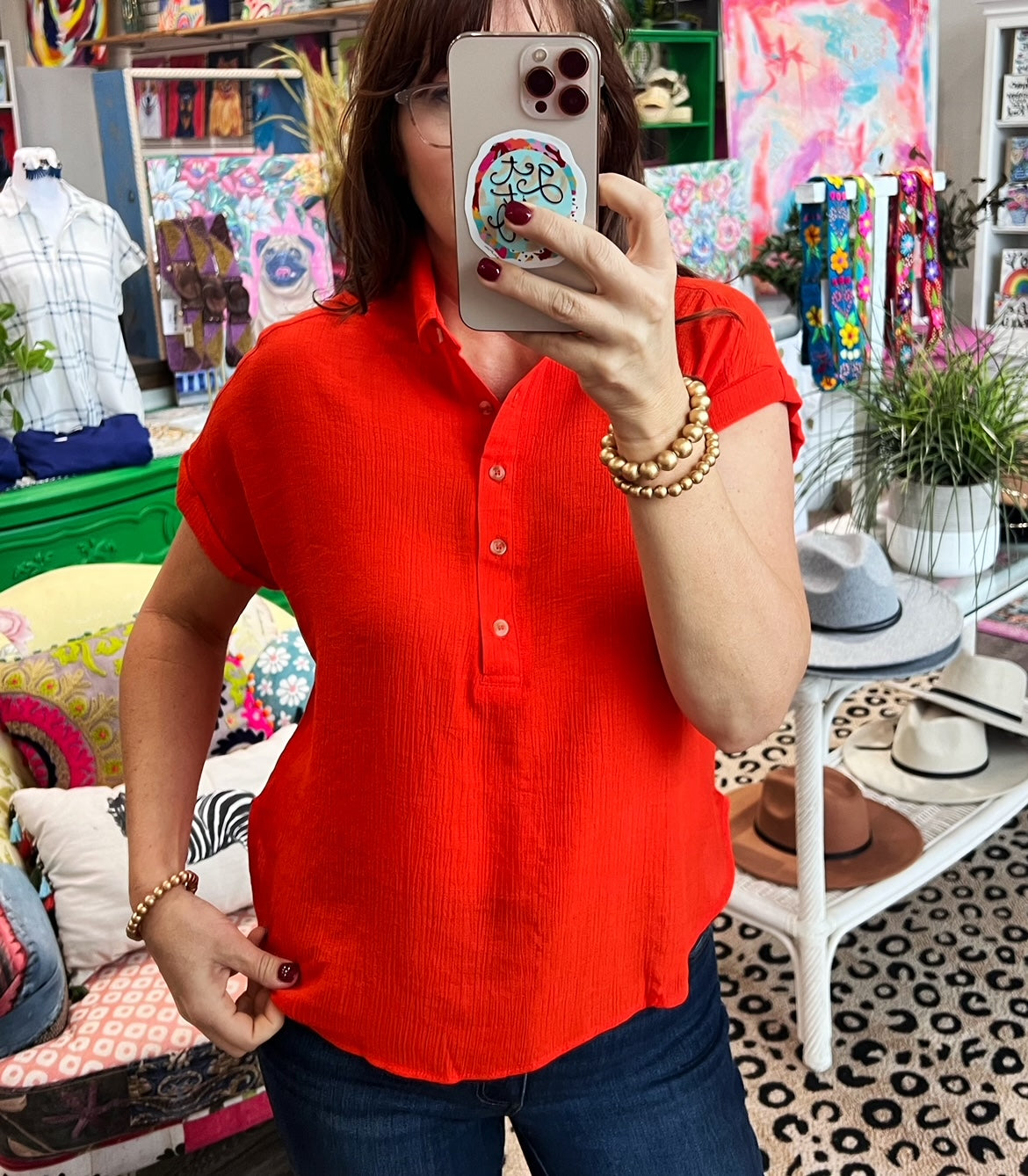 Tomato Red Button Down Top