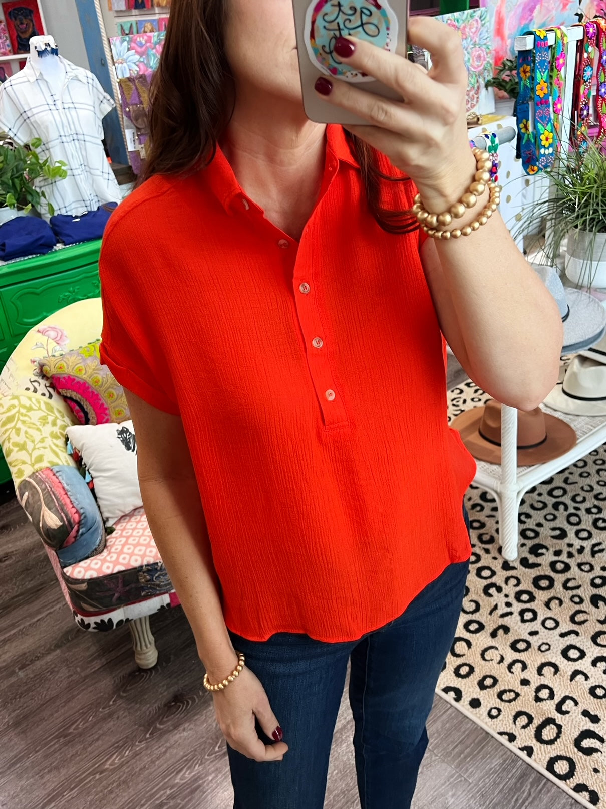 Tomato Red Button Down Top