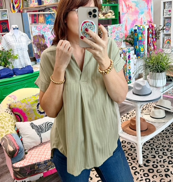 Olive Striped Collared Top
