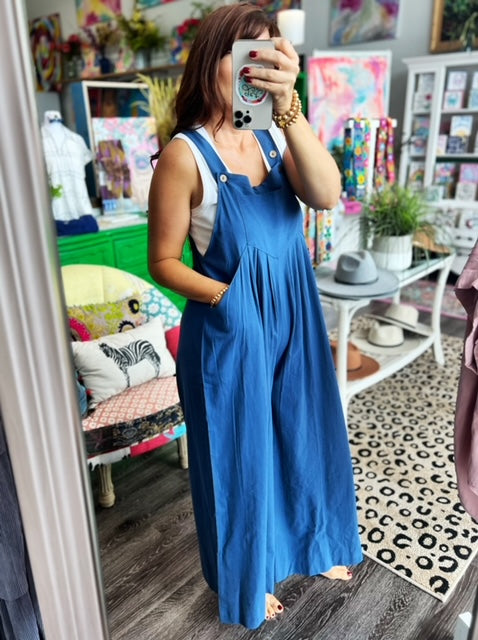 Wide Leg Overall Jumpsuit - Dusty Blue