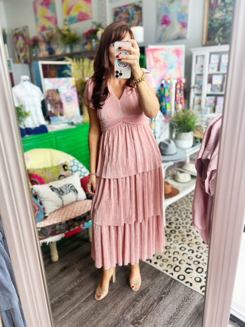 Dusty Pink V-Neck Tiered Ruffle Dress