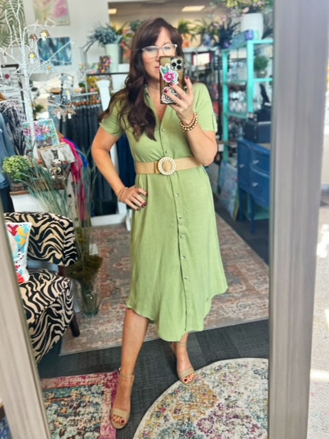 Olive Button Down Belted Midi Dress