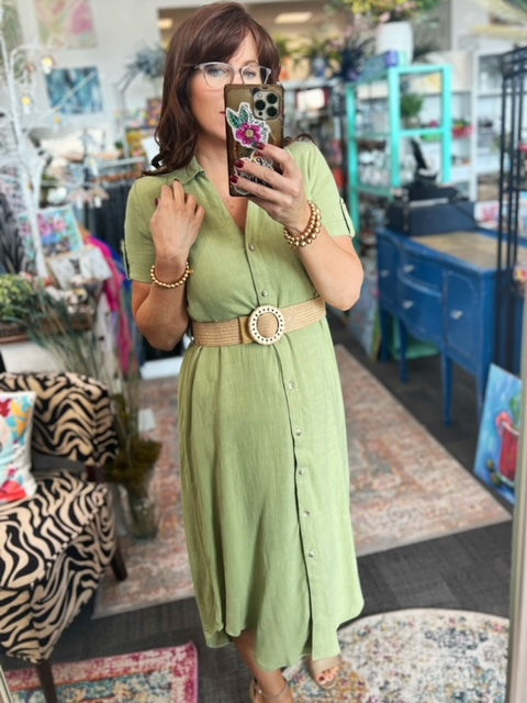 Olive Button Down Belted Midi Dress