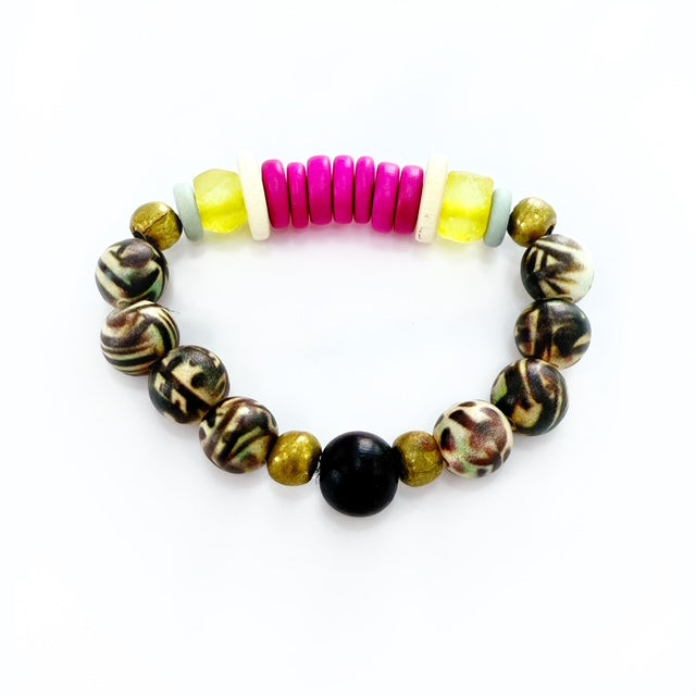 Audra Style Stretchy Stacking Bracelet - Fuchsia Yellow Black