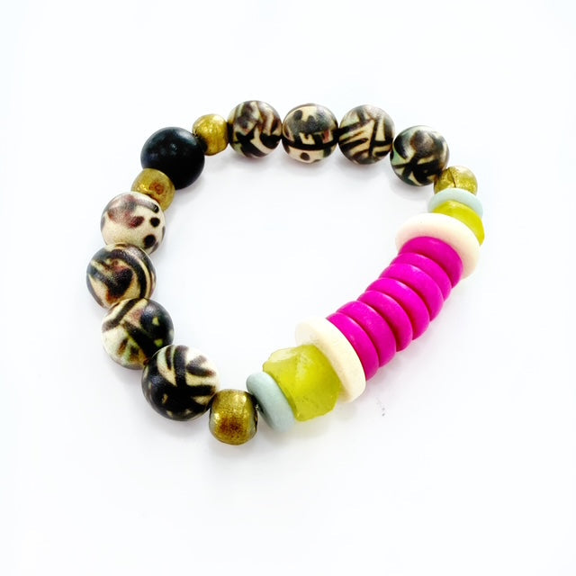 Audra Style Stretchy Stacking Bracelet - Fuchsia Yellow Black