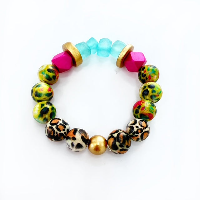 Audra Style Stretchy Stacking Bracelet - Leopard Pattern Turquoise Chartreuse Pink