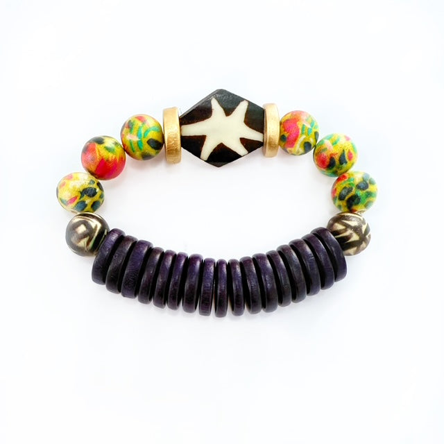 Audra Style Stretchy Stacking Bracelet - Black Batik Chartreuse