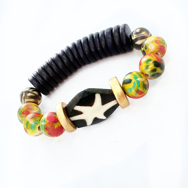 Audra Style Stretchy Stacking Bracelet - Black Batik Chartreuse