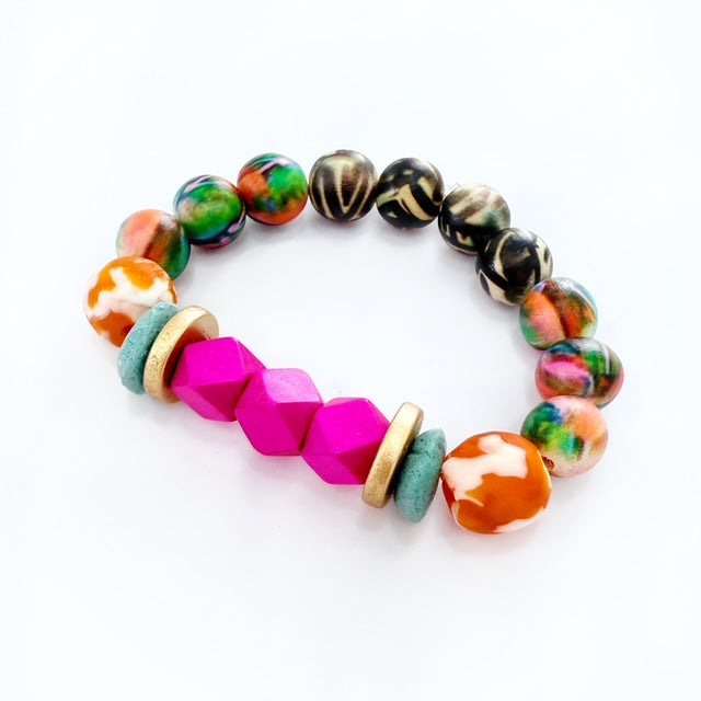 Audra Style Stretchy Stacking Bracelet - Fuchsia Orange Black