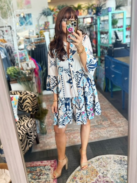 Printed 3/4 Sleeve Buttoned Mini Dress