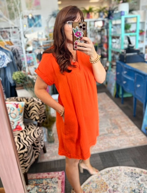 Orange V-Neck Pocket Shift Mini Dress