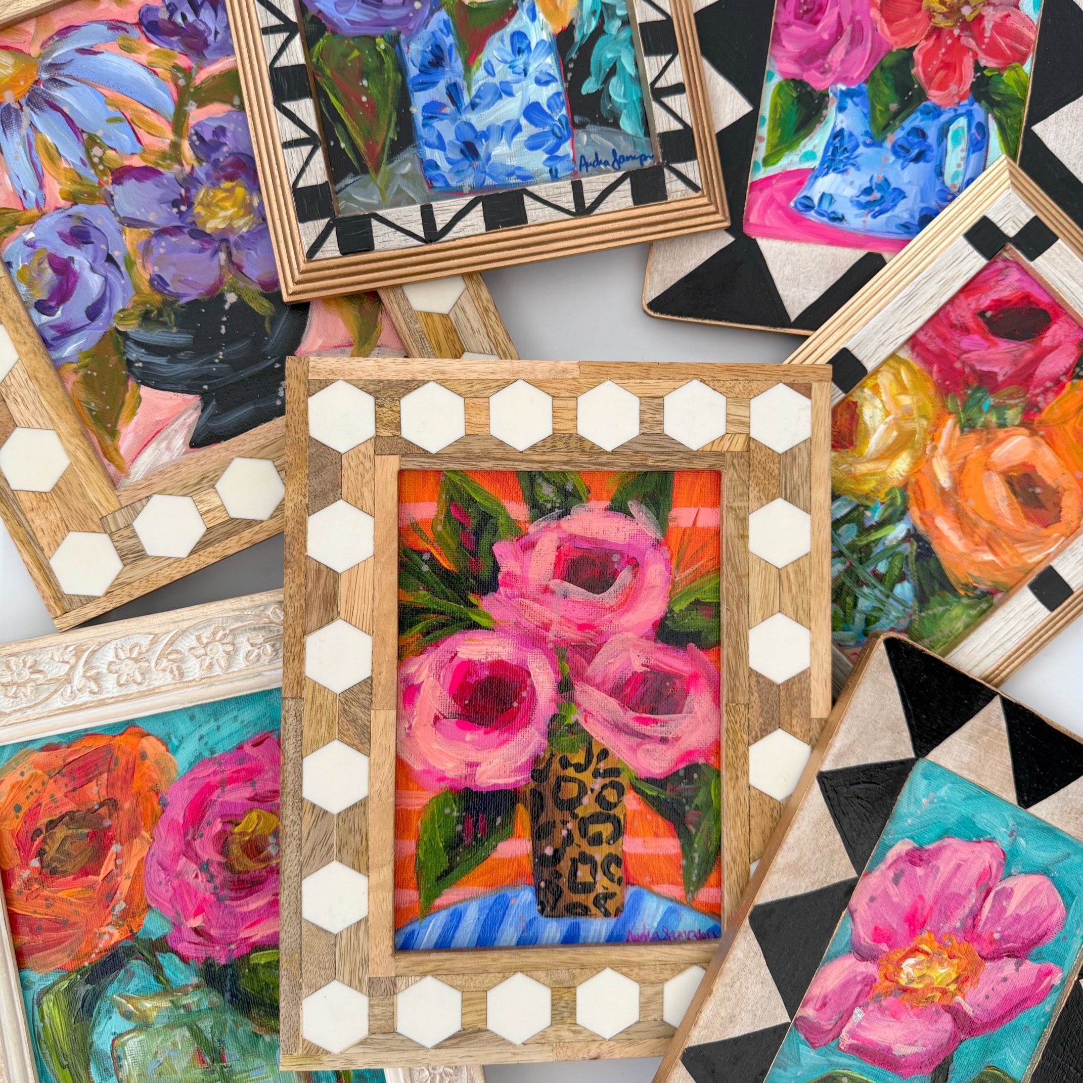 Framed Original Floral Painting on Canvas - Pink Stem