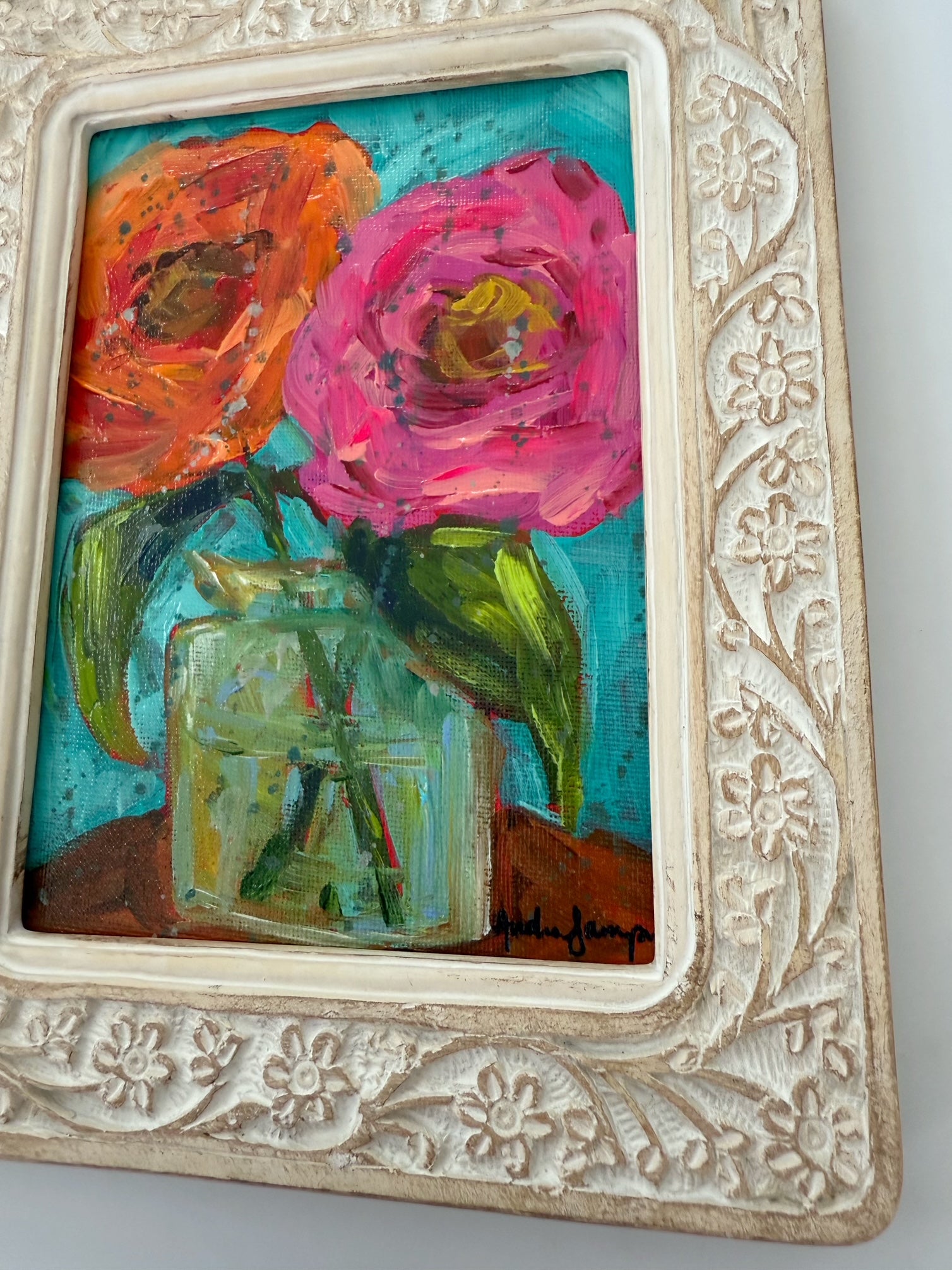 Framed Original Floral Painting on Canvas - Two Roses in Clear Vase