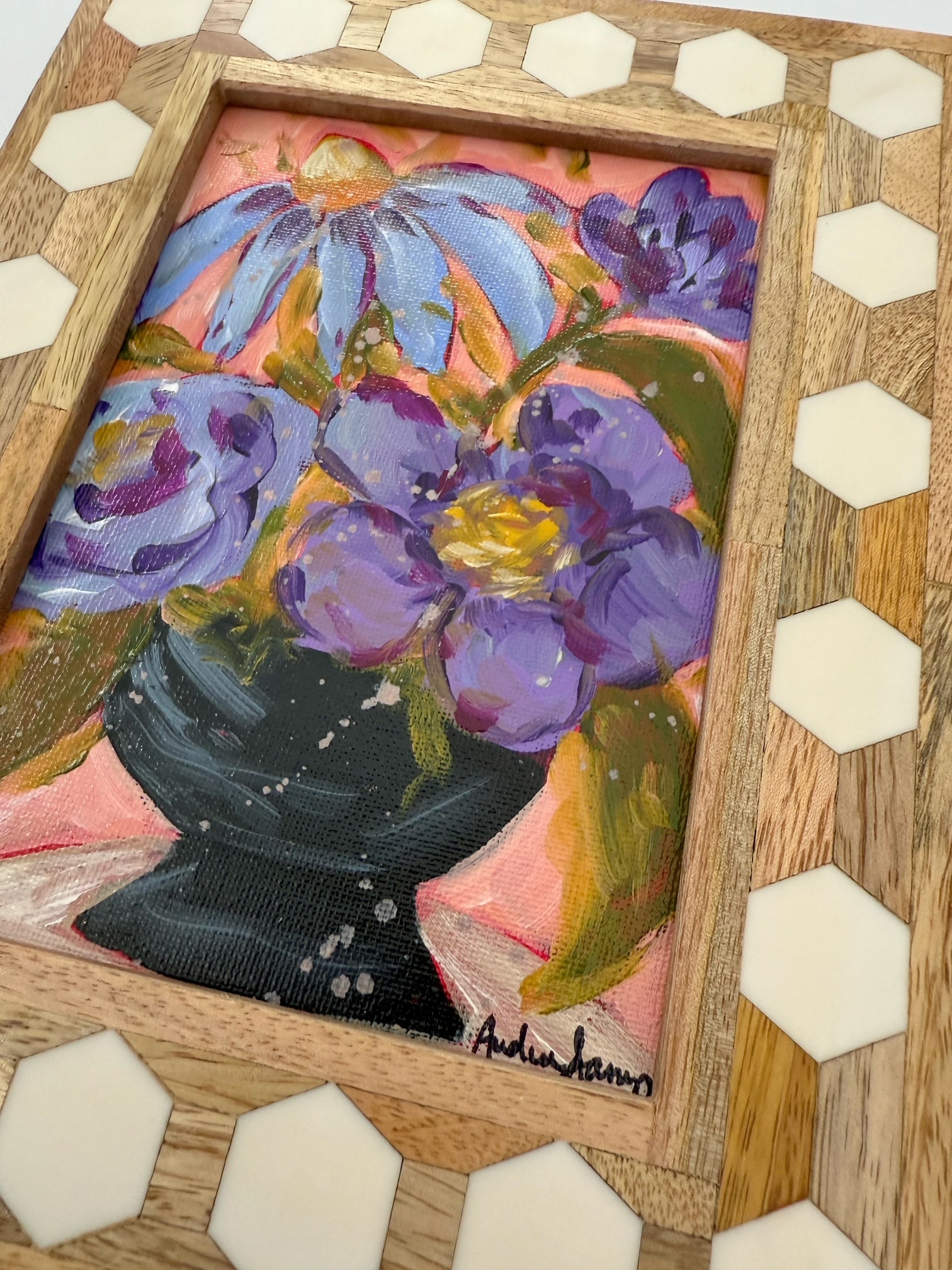Framed Original Floral Painting on Canvas - Purple Blooms in Black Pedestal Vase