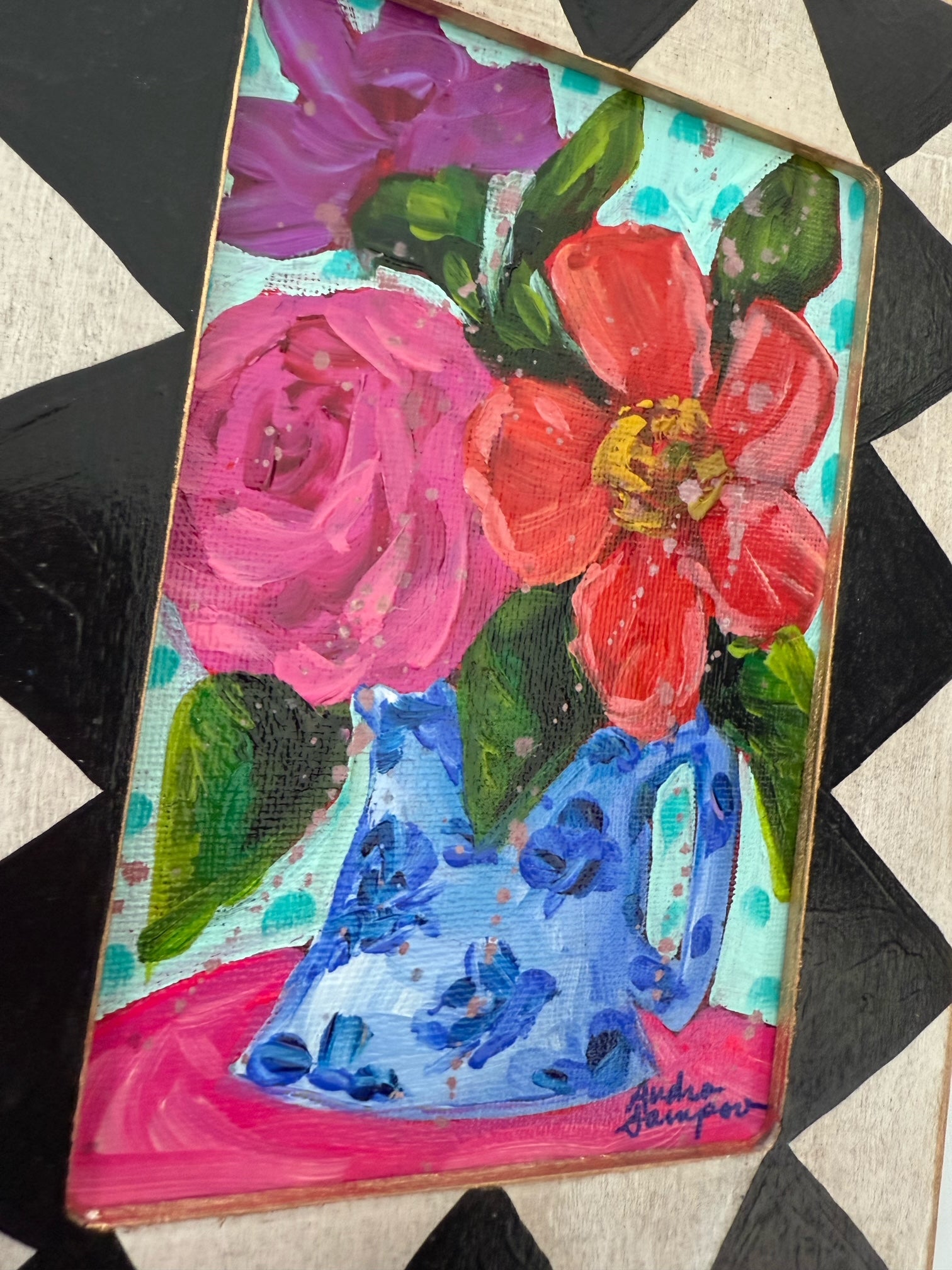 Framed Original Floral Painting on Canvas - Colorful Bouquet in Blue Floral Jug