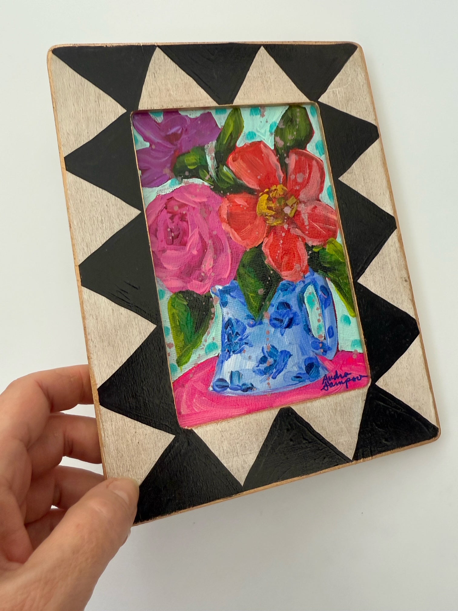 Framed Original Floral Painting on Canvas - Colorful Bouquet in Blue Floral Jug