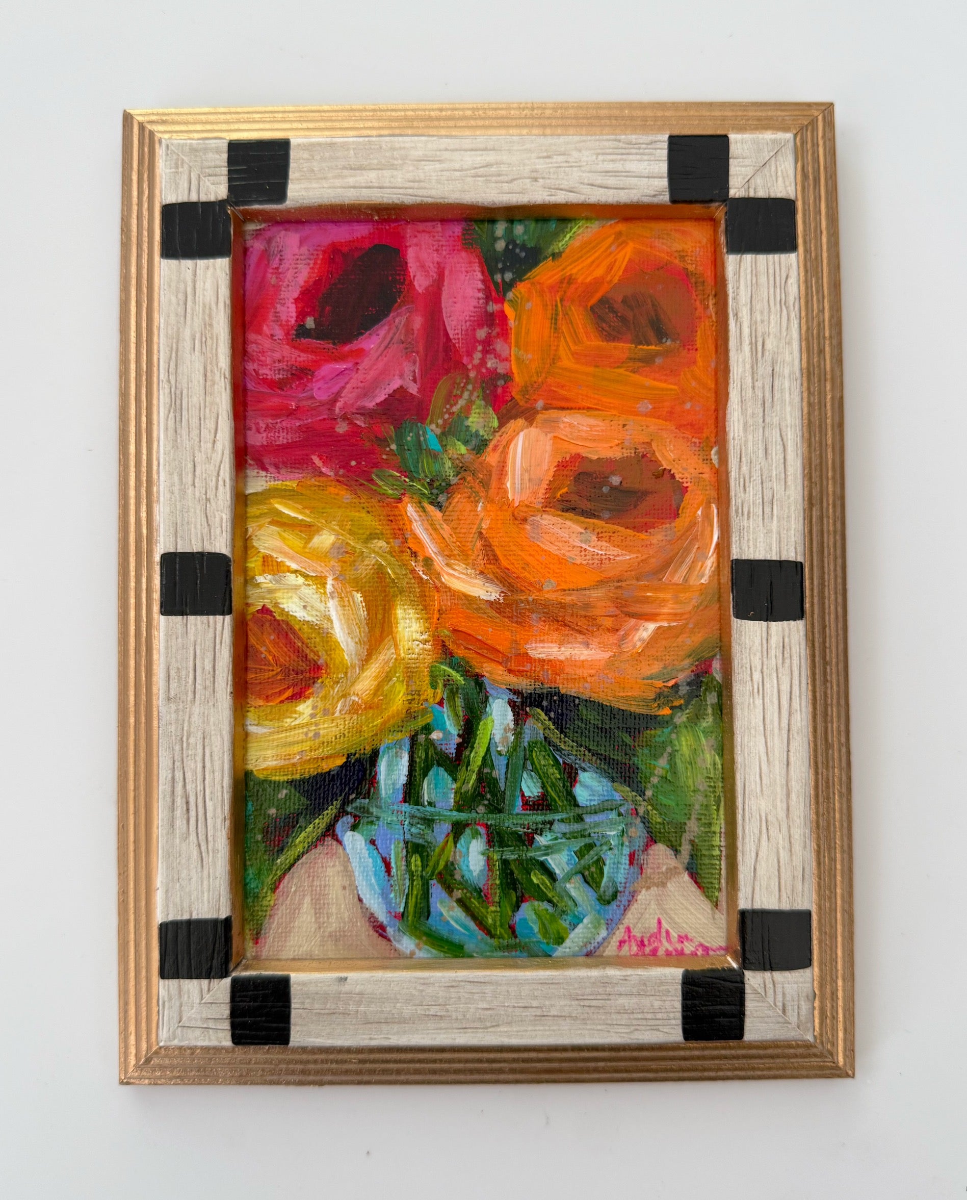 Framed Original Floral Painting on Canvas - Warm Roses in Clear Vase