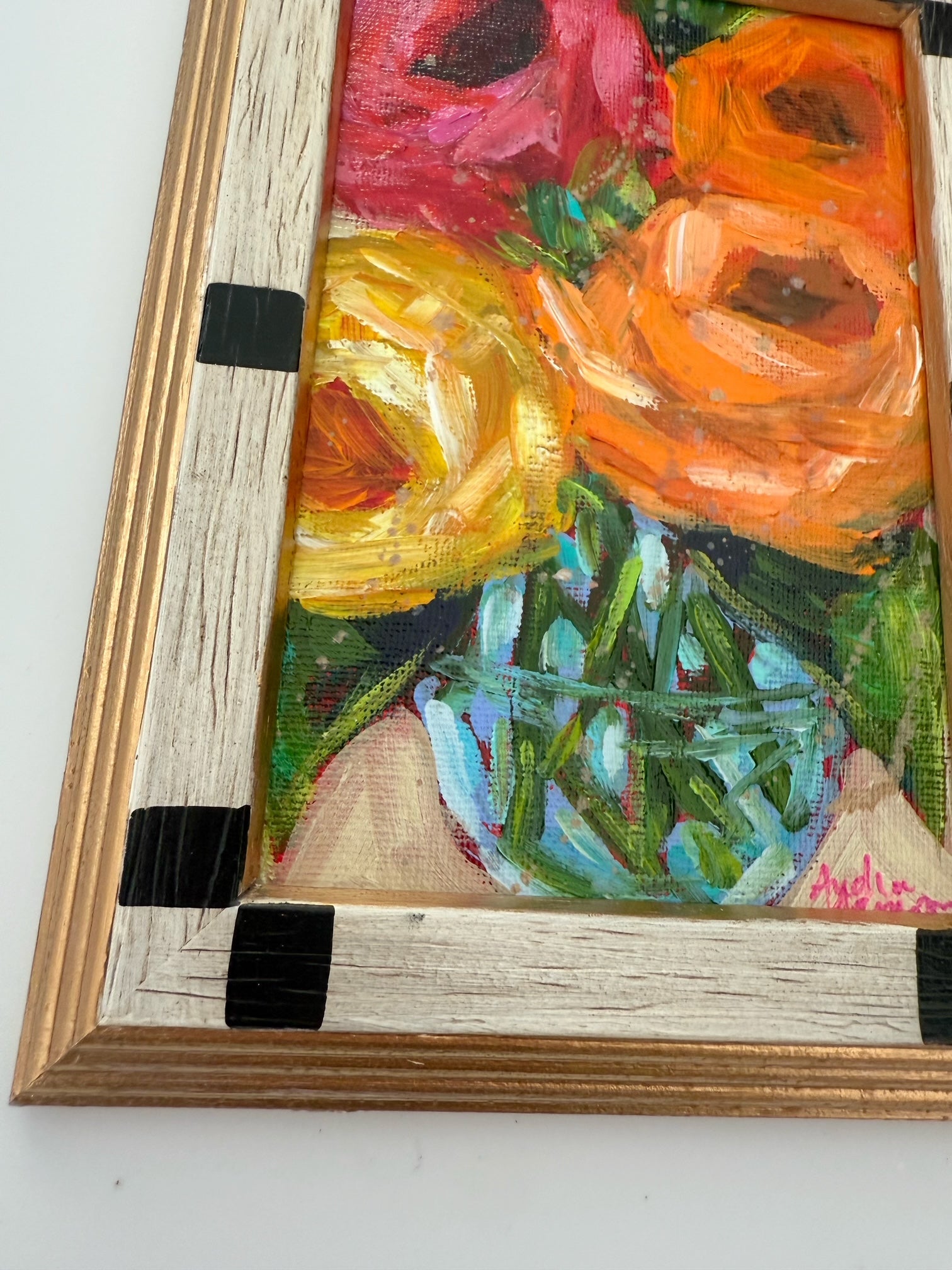 Framed Original Floral Painting on Canvas - Warm Roses in Clear Vase