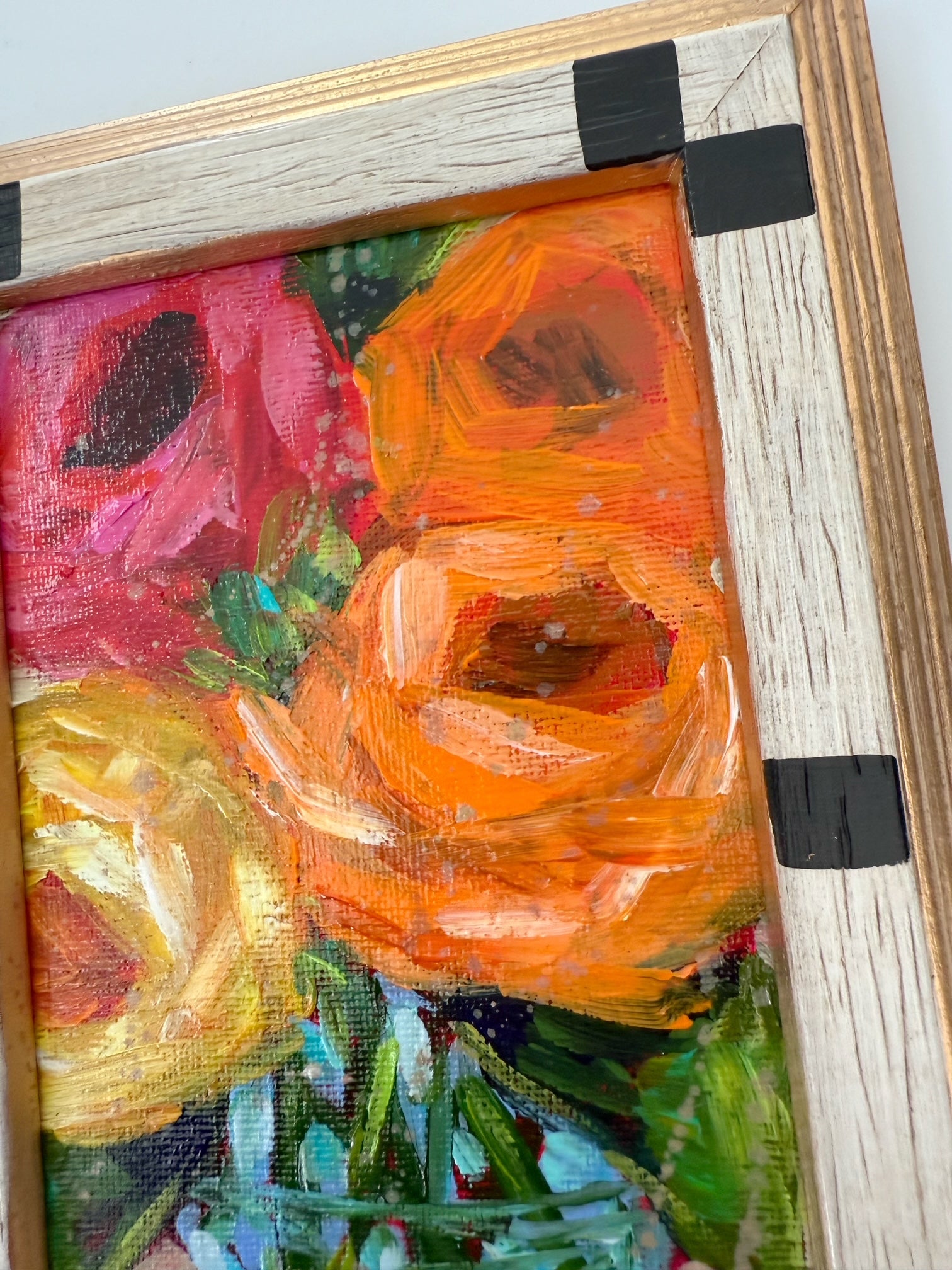 Framed Original Floral Painting on Canvas - Warm Roses in Clear Vase