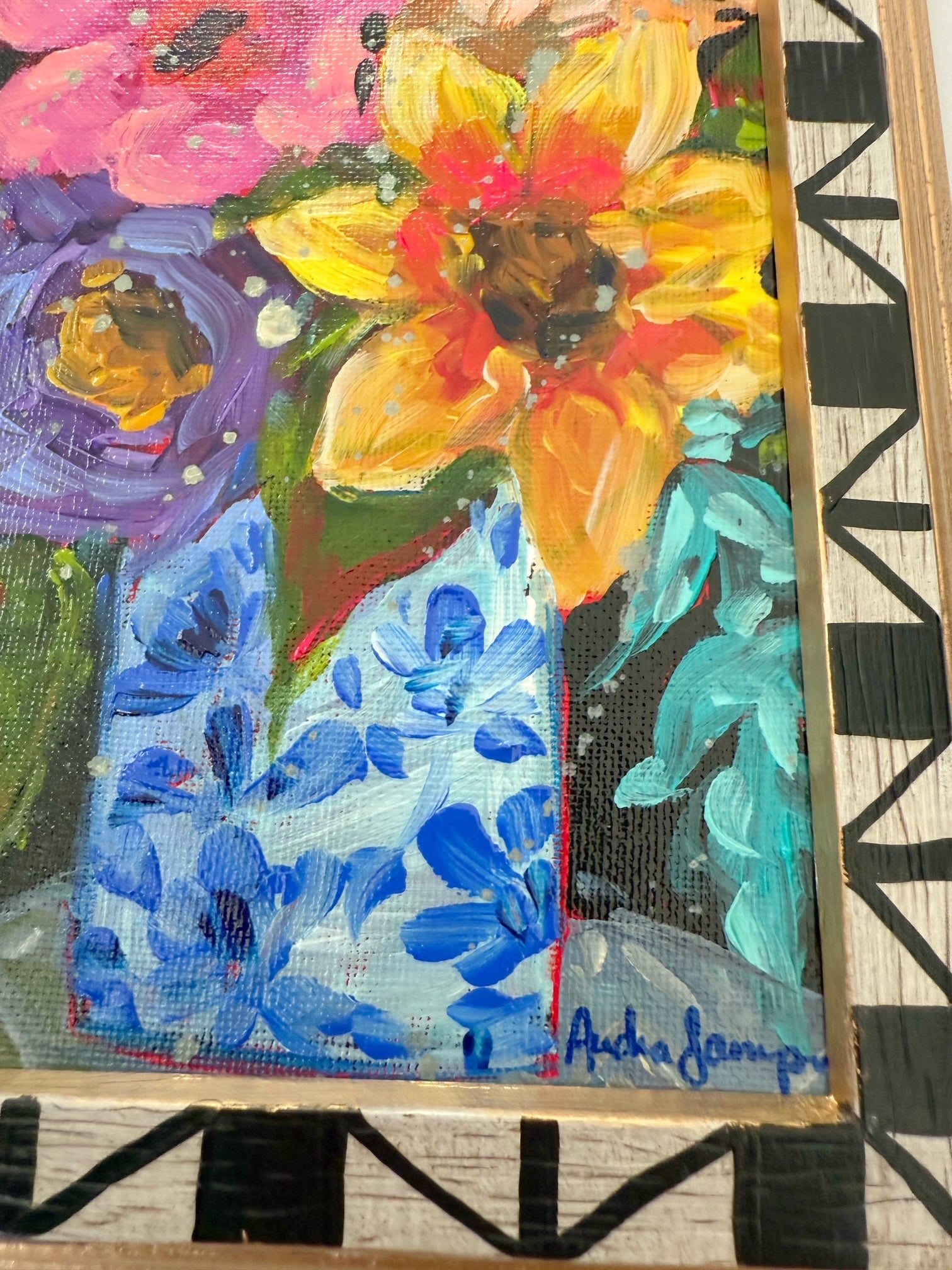 Framed Original Floral Painting on Canvas - Mixed Blooms on Black