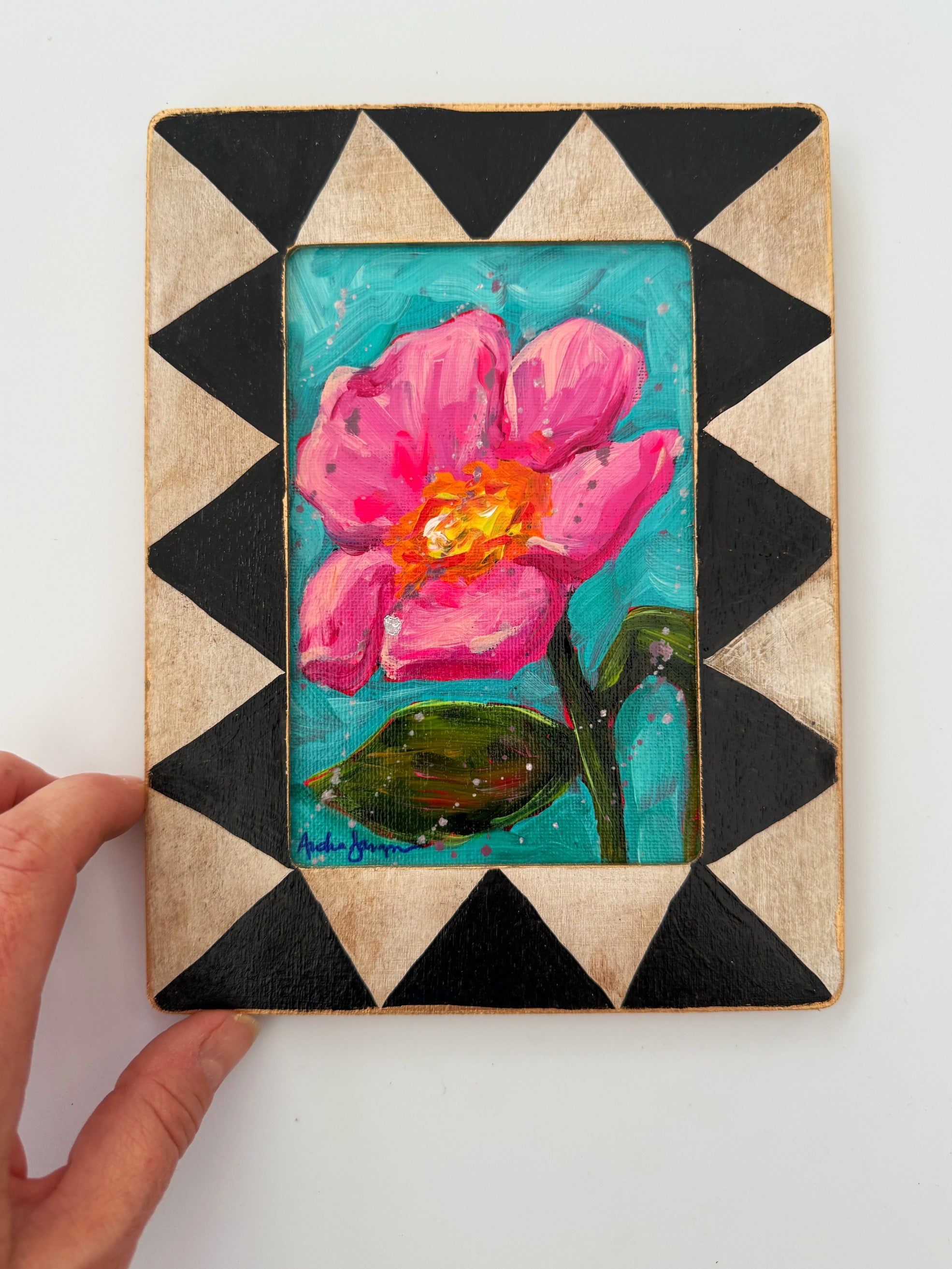 Framed Original Floral Painting on Canvas - Pink Stem