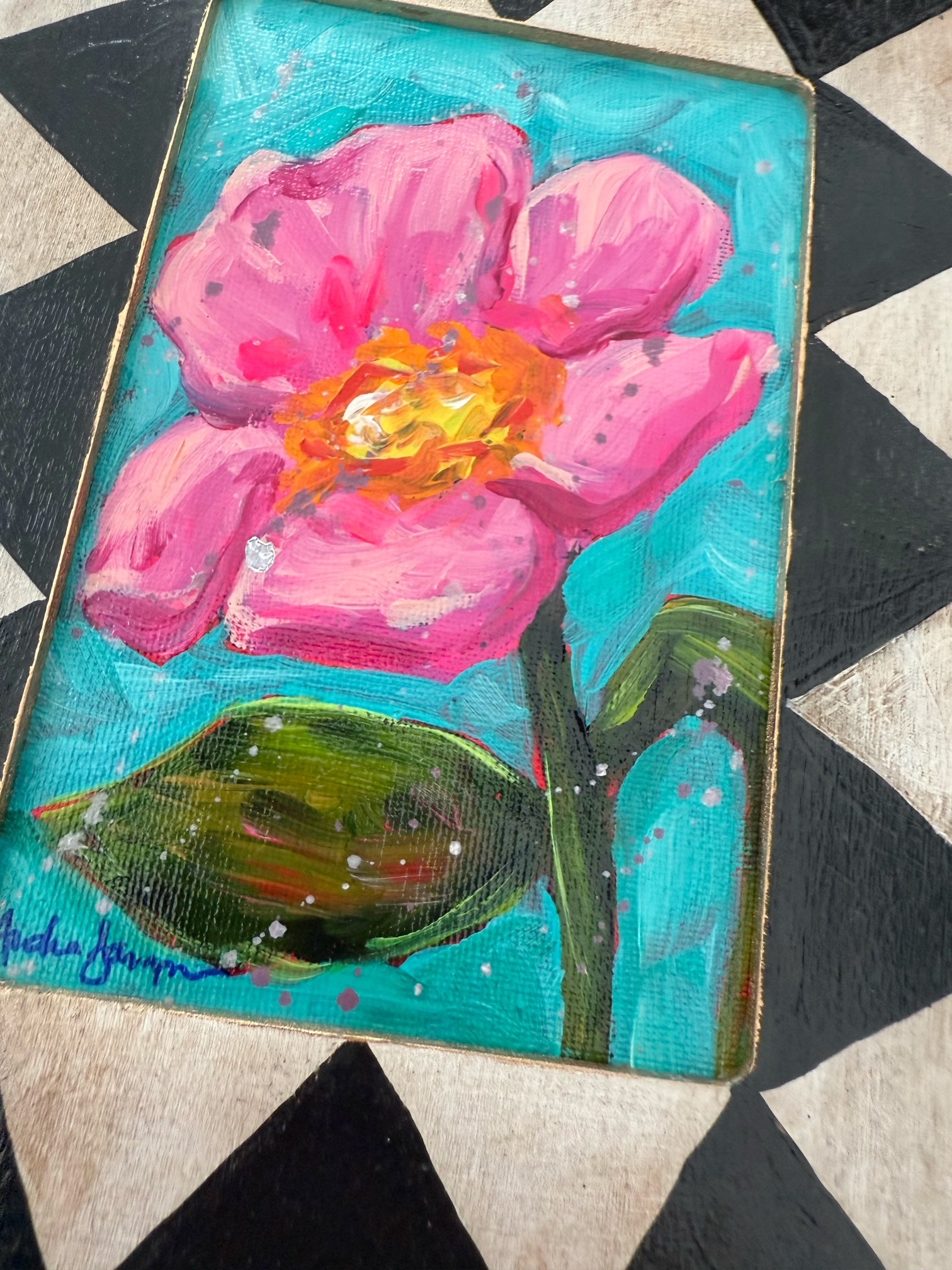 Framed Original Floral Painting on Canvas - Pink Stem