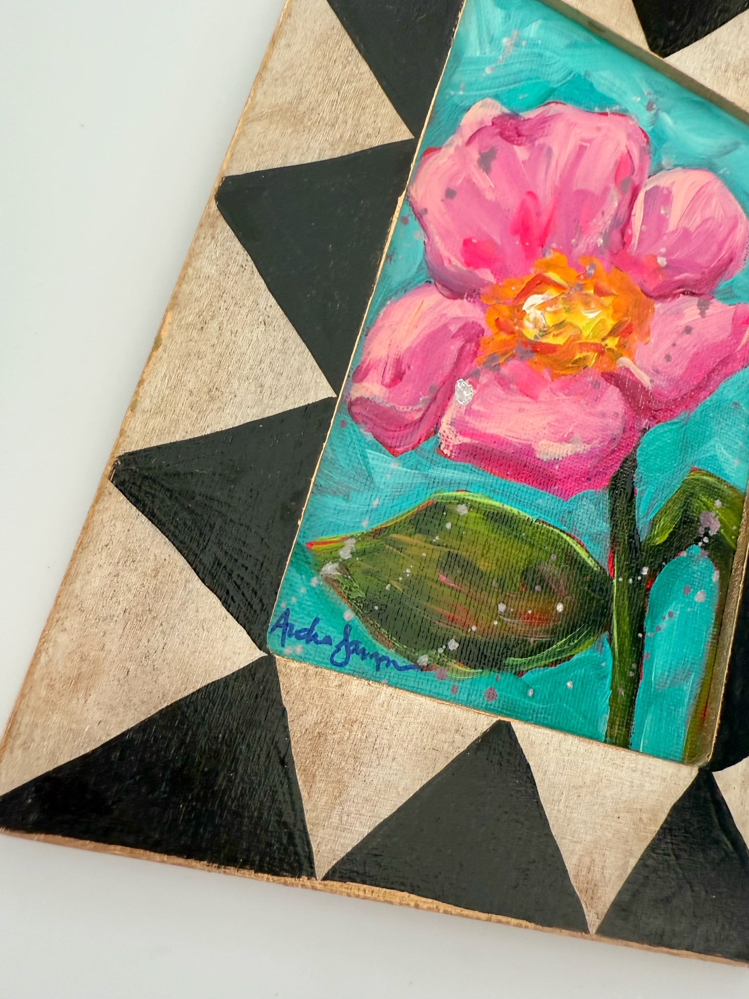 Framed Original Floral Painting on Canvas - Pink Stem